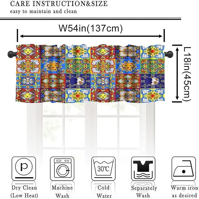 Mexico Fiesta Valance Curtains Mexican Fiesta Cinco De Mayo Ceramic Tiles Rustic Pattern Window Treatment Valances Short Curtains Rod Pocket Drape for Dining Room Home Kitchen Decor, 54x18inch