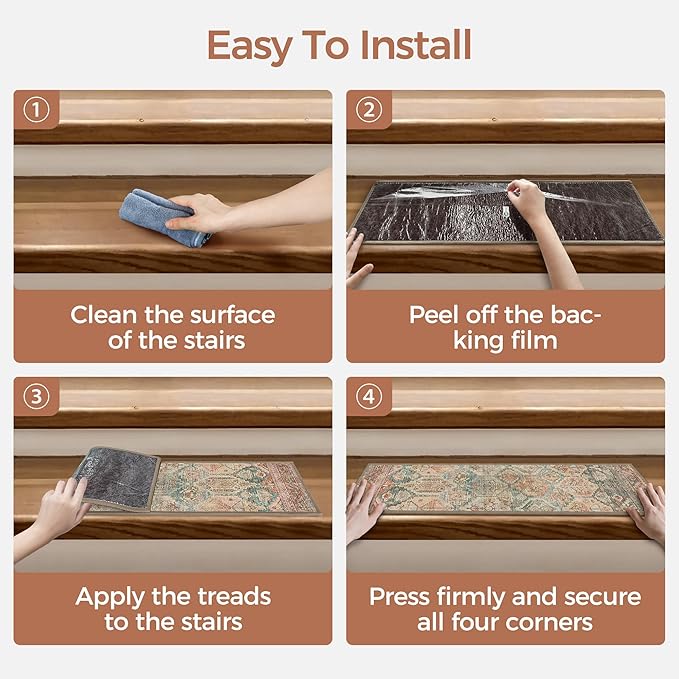 Carpet Stair Treads Non Slip 15PCS, 8" X 30" Edging Stair Runner for Wooden Steps Indoor, Resistant Stair Rugs with Reusable TPE Adhesive Backing, Residue Mat for Elders, Pets, Cedarwood/Sage