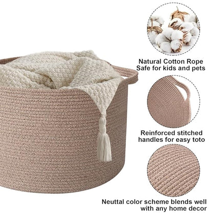 90L Large Blanket Basket,21.7"L x 21.7"W x 13.8"H Rope Woven Baskets with Handles, Toys Storage Bins,Laundry Basket Perfect for Living Room, Nursery,Bedroom,Home Organization,Brown