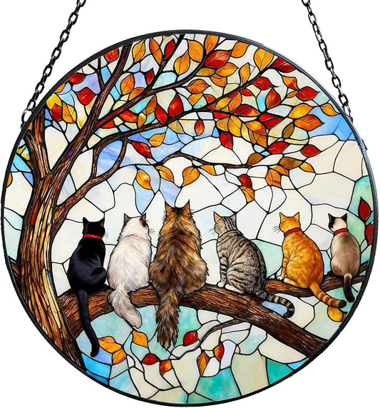 Stained Glass Suncatcher Window Hanging - 6 Cats on a Branch, Cat Lover Gifts for Women Men Mom, Home Decor for Window Door, Christmas Birthday, 7.87x7.87 in