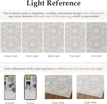 2x5 Blue Cream Washable Runner Rug for Kitchen Hallway Neutral Floral Soft Non Slip Rug Low Pile Distressed Carpet for Bathroom Bedroom Indoor Nursery