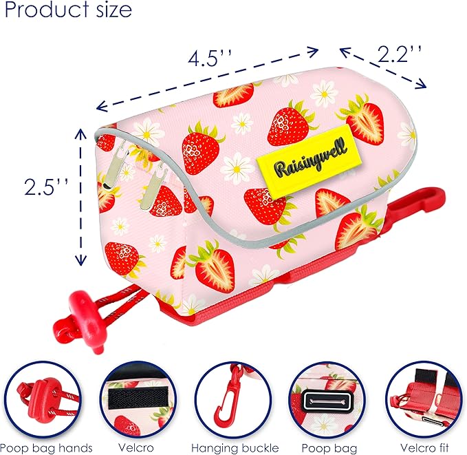 Dog Treat and Poop Bag Holder for Leash, 2 Waterproof Zipper Pouches for Pet Walking Accessories, with Dispenser, Training Clicker and 1 Free Roll (Strawberry)