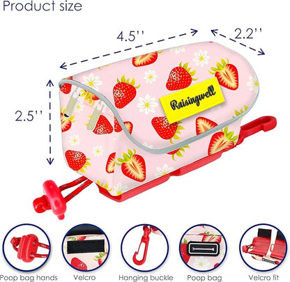 Dog Treat and Poop Bag Holder for Leash, 2 Waterproof Zipper Pouches for Pet Walking Accessories, with Dispenser, Training Clicker and 1 Free Roll (Strawberry)