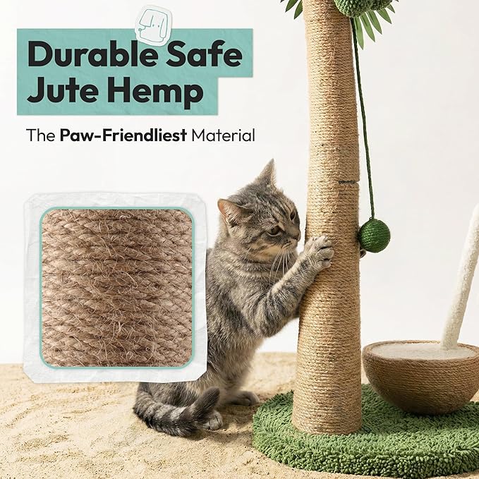 33" Tall Cat Scratching Post, Natural Jute Cat Scratcher for Indoor Cats,Coconut Tree & Straw Design with Hanging Toy Ball & Rest Platform,Stable Furniture Protector for Kittens & Adult Cats,M