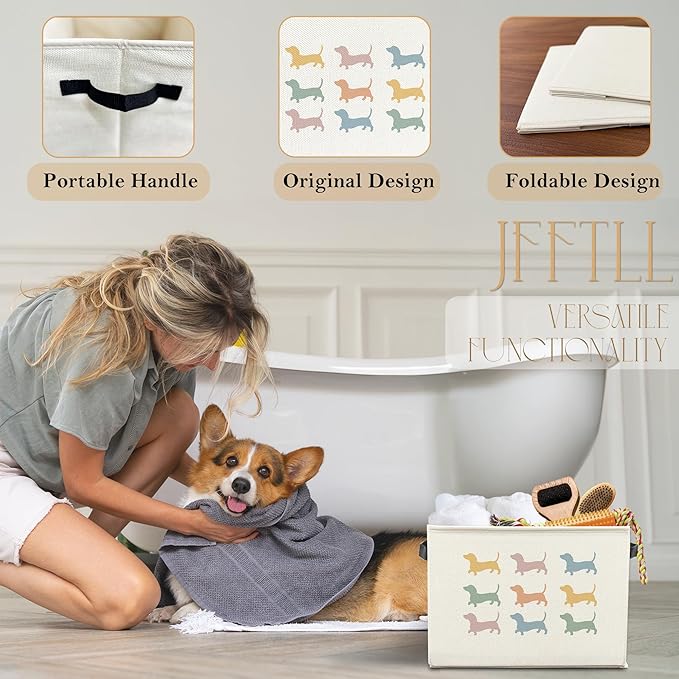 Colorful Dachshund Dog Toy Basket, Dog Home Decor, Dachshund Lovers Gifts Collapsible Pet Dogs Toy Storage Bin Box Basket Organizer, Pet Supplies for Dogs
