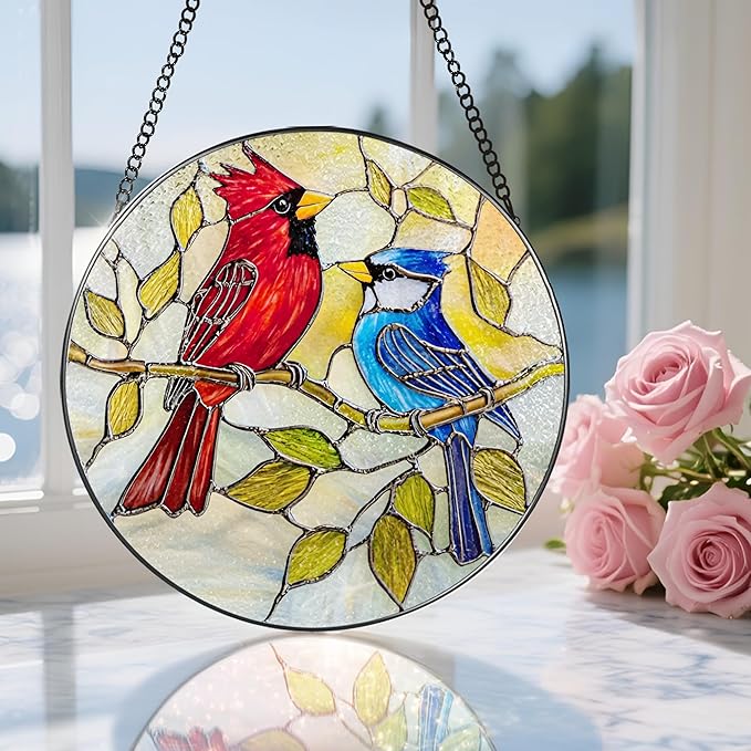 8″ Cardinal & Blue Jay Suncatcher, Stained Glass Window Hanging & Ornament, Window Decor, Holiday & Christmas Ornaments | Bird Lover Gifts, Gifts Exchange, Gift Ideas
