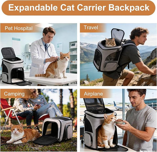 Expandable Cat Carrier Backpack, Large Soft Airline Approved Collapsible Pet Bag for Small Dogs Puppies Medium Cats, Breathable Portable Travel Bags for Hiking