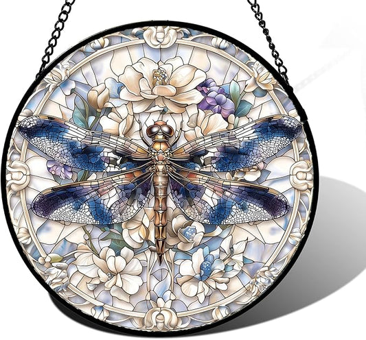 Stained Glass Window Hanging, Dragonfly Flower Suncatcher for Doors Home Sun Catchers Decoration and Christmas, Mother's Day Birthday Gifts for Women, Men, and Mom 7.8 in