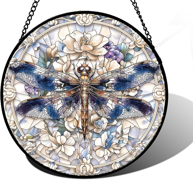 Stained Glass Window Hanging, Dragonfly Flower Suncatcher for Doors Home Sun Catchers Decoration and Christmas, Mother's Day Birthday Gifts for Women, Men, and Mom 9.8 in