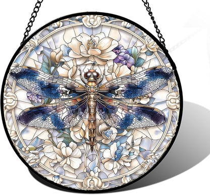 Stained Glass Window Hanging, Dragonfly Flower Suncatcher for Doors Home Sun Catchers Decoration and Christmas, Mother's Day Birthday Gifts for Women, Men, and Mom 9.8 in