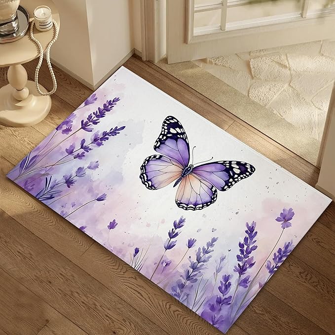Purple Butterfly Welcome Mat,Watercolor Lavender Indoor Rugs for Entryway,Anti-Slip Low Profile Doormats Porch Mats for Front Door Stairway Rug Living Room Floor Mat 30 x 17 Inch