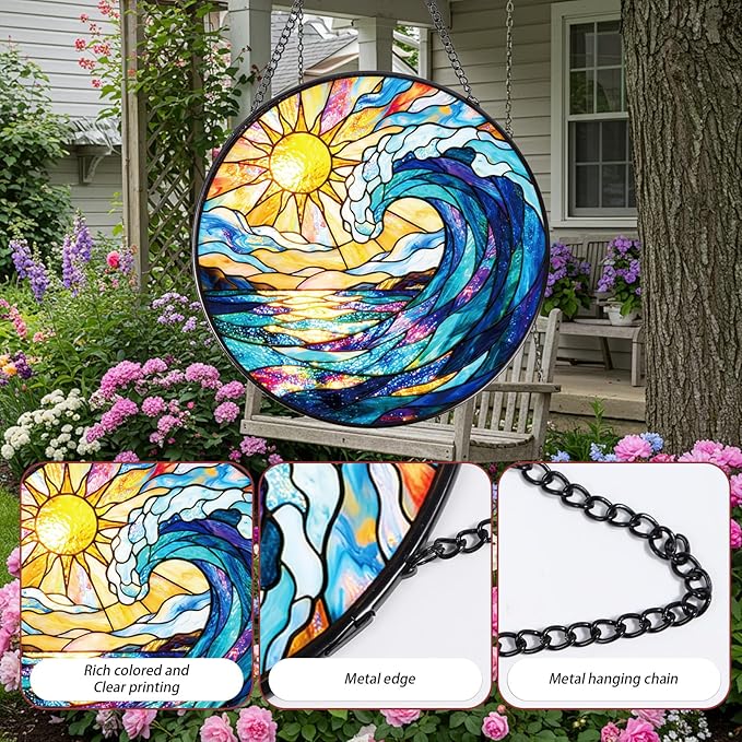 Stained Glass Window Hanging, 7.8″ Sea Sun Catchers with Hook Indoor Window Decor, Decorative Suncatchers Hanging Ornaments Home Garden Art Gift for Housewarming