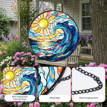 Stained Glass Window Hanging, 7.8″ Sea Sun Catchers with Hook Indoor Window Decor, Decorative Suncatchers Hanging Ornaments Home Garden Art Gift for Housewarming
