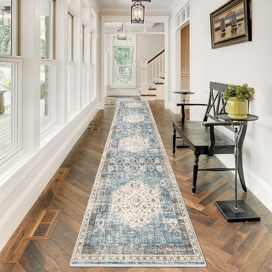 Hallway Washable Runner Rug 2'6x12 - Kitchen Runner Rugs with Non Slip Backing Stain Resistant Rugs for Living Room Bedroom Carpet Distressed Rug Floor Deocr Mat (2‘6''x12', Aqua Blue)