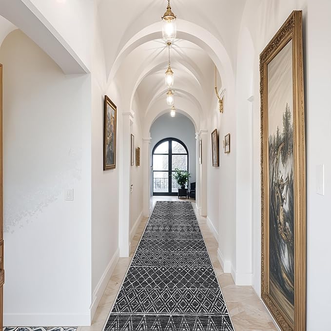 Washable 2.6x14 Runner Rug Moroccan: Hallway Rugs Non Slip Geometric Bedroom Rugs - Soft Long Low Pile Boho Carpet - Modern Floor Mats for Kitchen Entryway Laundry 2'6"x14' Black