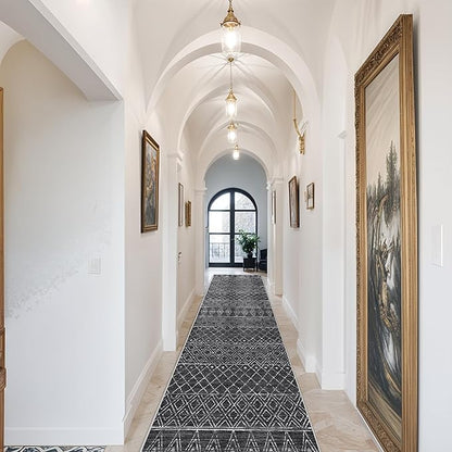 Washable 2.6x14 Runner Rug Moroccan: Hallway Rugs Non Slip Geometric Bedroom Rugs - Soft Long Low Pile Boho Carpet - Modern Floor Mats for Kitchen Entryway Laundry 2'6"x14' Black