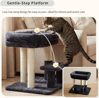 Heybly Cat Scratching Post, Small Cat Tree Tower with 3 Full Sisal Posts, Removable Plush Bed, Grooming Brush, Stable & Space-Saving Cat Furniture with Gentle Step for Indoor Cats, Smoky Gray HSP001SG