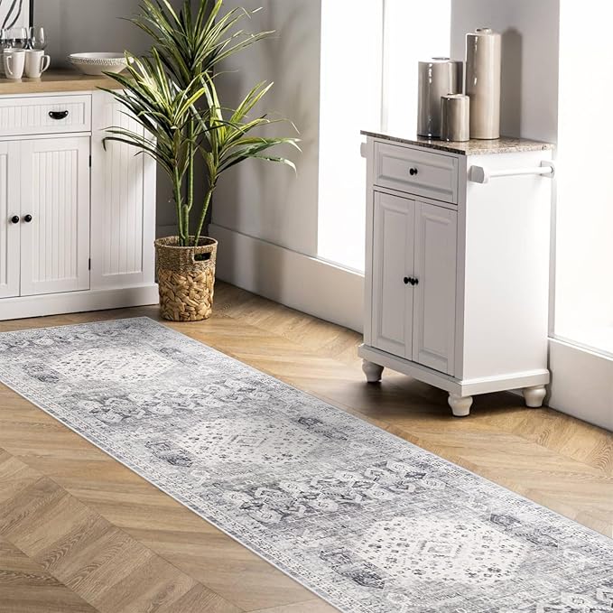 RUUGME 2'6x12 Hallway Runner Rug - Vintage Washable Kitchen Rugs with Non Slip Backing Soft Stain Resistant Carept for Living Room Bedroom Indoor Home Decor Floor Mat for Bathroom (2'6''x12', Grey)