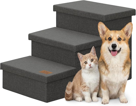 Dog Stairs with Storage 18" H, 3-Step Wider Dog Steps for Small/Medium/Large Old Dogs Cats, Folding Sturdy Pet Stairs Climbing Bed Couch, Ramp for Car Hold Up to 200 lbs (Dark Grey, No Condo)