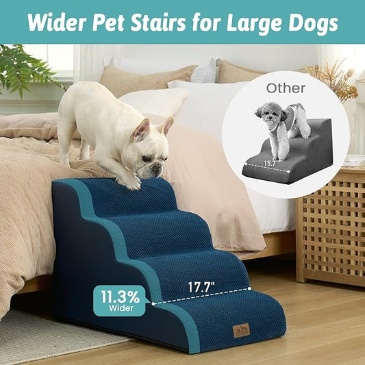 Wide Dog Stairs for Small Dog 19.7" H, Pet Step for Puppy, Older Cat, Curved Ramp for Bed, Durable Anti-Slip Ladder with High Density Foam, 4 Step, 17.7x28x19.7 inch, Navy Blue