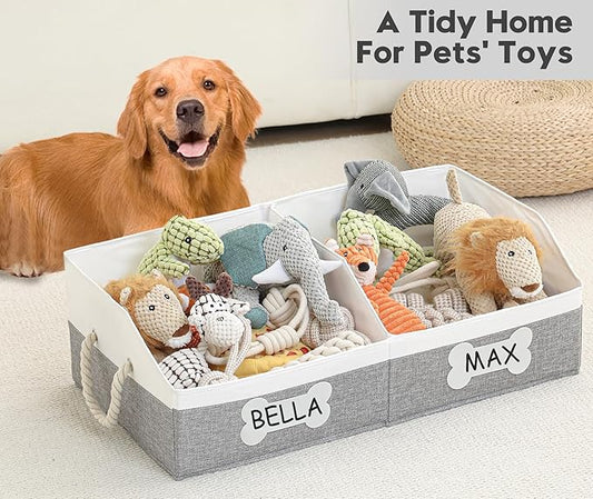 Beveetio Large Dog Toy Basket, Collapsible Fabric Dog Toy Bin with Removable Divider & DIY Tags, Trapezoid Storage Box with Rope Handles for Pet Supplies, Perfect for Living Room Storage-Grey&White