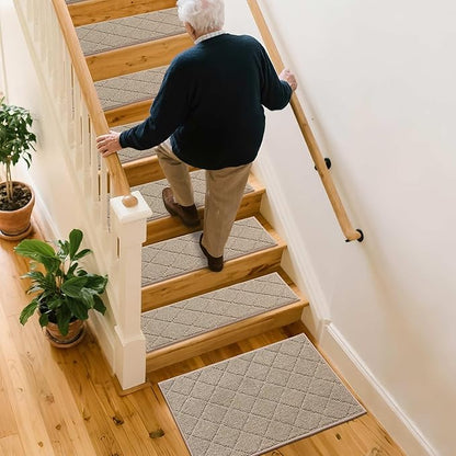 COSY HOMEER Stair Landing Rug Non-Slip 20"x32" Stair Treads for Wooden Steps,Washable Peel and Stick Stair Treads Matching Mats,Pet Friendly Soft Reusable Stair Landing Mat for Kids and Elders,Beige