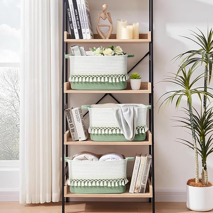2 Pack Storage Basket, Heavy Tassel Woven Baskets for Storage, Boho Cotton Rope Storage Bin, Cube Organizer Bins, Baby Laundry Basket for Clothes, Toys, Diapers, Pets（White & Green）