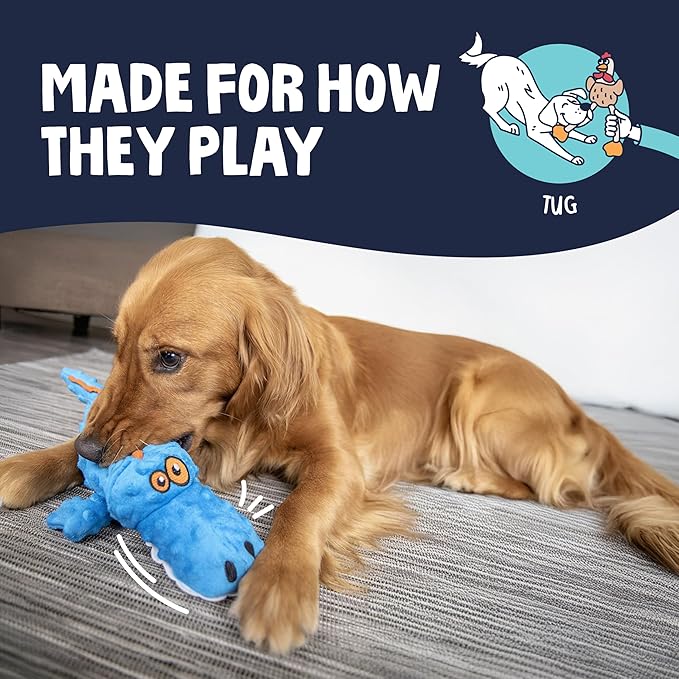 goDog Gators Squeaky Plush Dog Toy with Chew Guard Technology, Durable Fabric & Squeaker for Active Play, Blue, Large