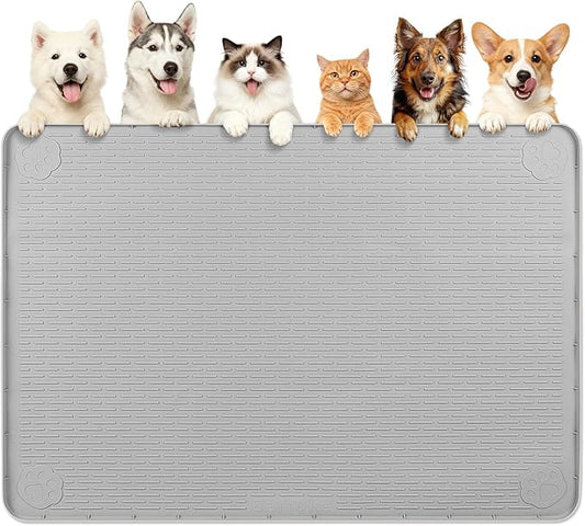 Dog Food Mat, Extra Large 57" x 40" Silicone Pet Feeding Mat with Raised Edge Pet Placemat for Small, Medium, and Large Pets Non-Slip, Easy to Clean (Light Grey)