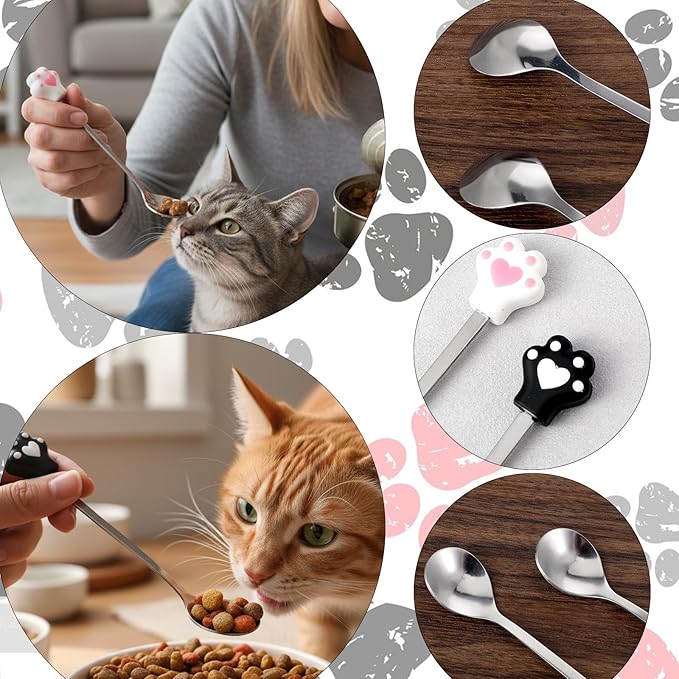 4pcs Cat Spoons for Wet Food,5.9 In Long Handle Pet Food Scoop,Stainless Steel Cat Foods Spoons,Cute Silicone Cats Claw Mixing Spoon for Pet Can,Black & White