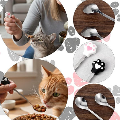 4pcs Cat Spoons for Wet Food,5.9 In Long Handle Pet Food Scoop,Stainless Steel Cat Foods Spoons,Cute Silicone Cats Claw Mixing Spoon for Pet Can,Black & White