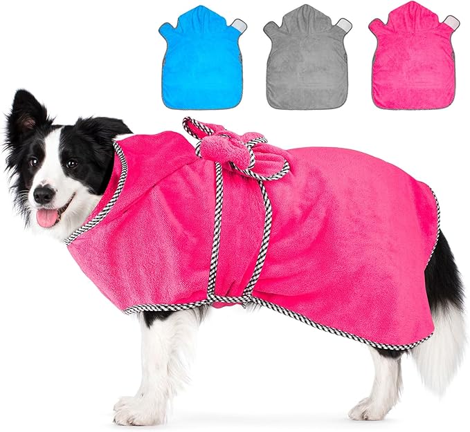 Dog Bathrobe Towel - Soft Dog Drying Coat with Hood, Super Absorbent Doggy Bath Robe Pet Grooming Fast Drying Doggie Towel Robe (Rose red, XX-Large)