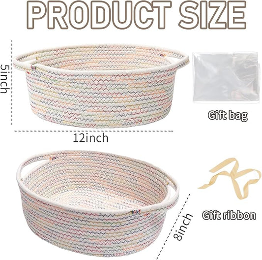 Woven Basket,Small Rope Storage Bin with Handles & Ribbon Bag, Organizer for Shelves Closets,Gift Basket Empty for Birthday,Books,Dog Toys, Colorful