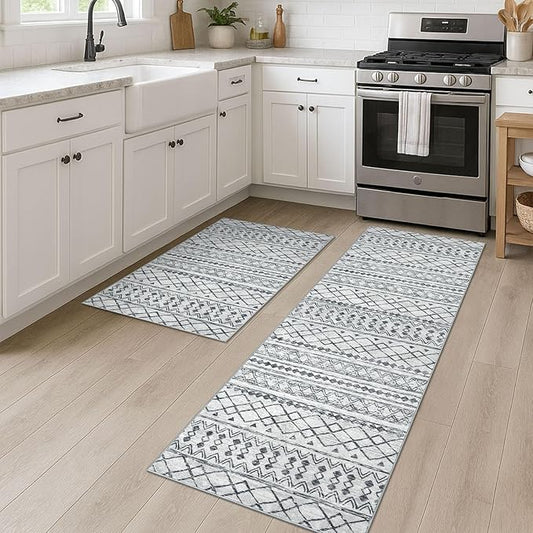 KUTA Moroccan Rugs for Entryway, 2PCS 2x3 and 2x6 Grey Entrance Small Area Rug, Non-Slip Washable Ultra Soft Hallway Runner Rug, Vintage Geometric Low-Pile Indoor Door Mat Floor Carpet