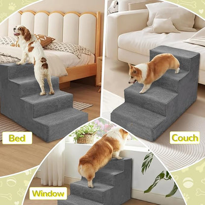 Niubya Dog Stairs for Small Dogs and Cats,18'H Non-Slip Bottom Pet Steps for High Beds and Couch,Extra Wide High-Density Foam Pet Stairs Grey,4 Steps