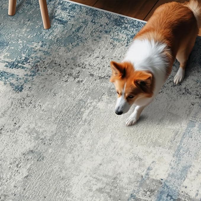 Washable 3x12 Hallway Runner Rug: Washable Non-Slip Carpet for Long Entryways Kitchen Living Room - Abstract Modern Neutral Thin Low Pile Runners 3x12 Blue