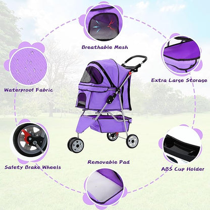 Pet Stroller for Small Medium Dogs & Cats,3-Wheel Breathable Compact Foldable Dog Carrier with Storage Basket, Outdoor Portable Lightweight Travel Stroller for Camping,Purple