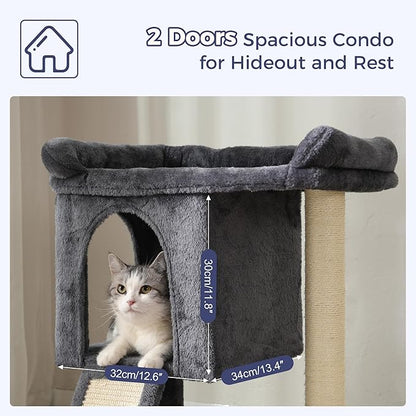 Small Cat Tree Tower for Large Cats with Spacious Top Bed 20x13.8”Private Cat Condo,Sisal Scratching Post and Ramp and Self Groomer and Spring Ball-Dark Grey