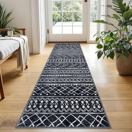 KUTA Boho Vintage Hallway Runners 2x5 ft Black Moroccan Washable Runner Rug Non-Slip Kitchen Rug Ultra Soft Distressed Geometric Floor Carpet for Bedroom Laundry Living Room