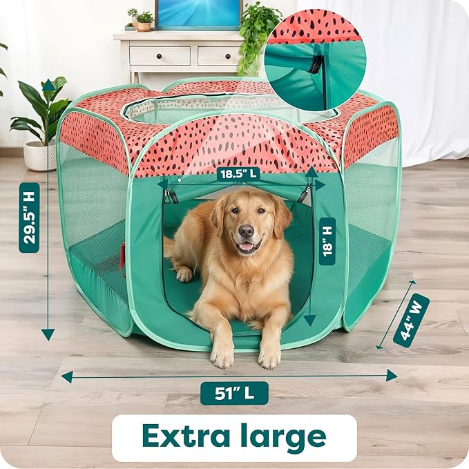 FurHaven Portable Pet Playpen for Dogs & Cats, Foldable, Indoor Kitten Playpen with Mesh Sides, Foldable, Pop Up Travel Dog Pen, X-Large, Green & Pink