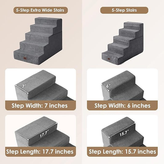 EHEYCIGA Dog Stairs for High Bed 25" H, 5-Step Extra Wide Dog Steps for Bed, Pet Steps for Small Dogs and Cats, Non-Slip Balanced Pet Ramp Indoor, Grey