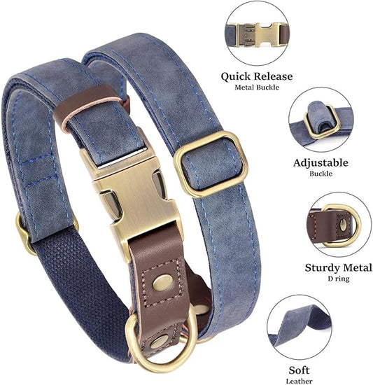 Didog Soft PU Leather Dog Collars for Medium Dogs,Classic Adjustable Dog Collars with Quick Release Metal Buckle,Easy Clean and Comfortable with Nylon Lining,Blue,M Neck 14-19"