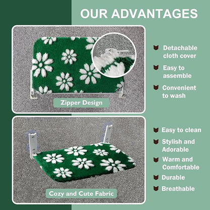Cat Window Perch, Foldable Cat Window Hammock with Cute 3D Textured Flower Cover and Strong Suction Cups, Cordless Window Seat Bed for Indoor Cats (Green Flower, Large)