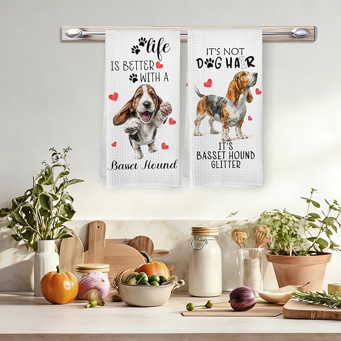 Basset Hound Gifts Kitchen Towels Set of 2, Funny Dog Hand Towels for Bathroom Kitchen Decor, Basset Hound Gifts for Women Dog Owners, Gift forDog Lovers Moms Dishcloths Dish Towel 16X24 Inches