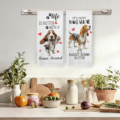 Basset Hound Gifts Kitchen Towels Set of 2, Funny Dog Hand Towels for Bathroom Kitchen Decor, Basset Hound Gifts for Women Dog Owners, Gift forDog Lovers Moms Dishcloths Dish Towel 16X24 Inches