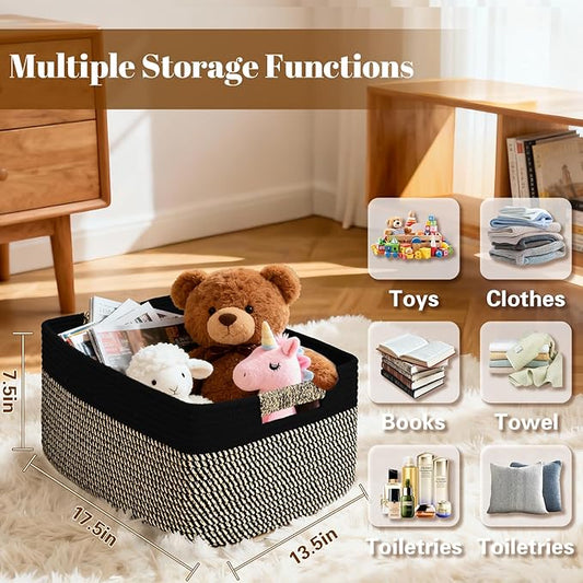 2 Pack Large Storage Basket for Organizing, 17.5"x13"x7" Woven Basket for Shelves, Closet Cube Storage Bins with Wrapped Handle, Cotton Rope Baskets for Kitchen, Clothes, Toys(Black & Brown)