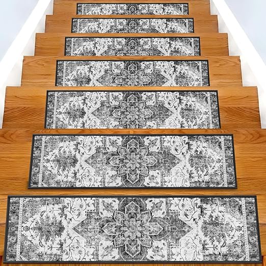Non-Slip Carpet Stair Treads 4PCS, 8"x30" Peel and Stick Stair Runner for Wooden Steps Indoor, Washable Reusable Adhesive Backing, Pet-Friendly Safety Mats for Kids, Elders, Dogs