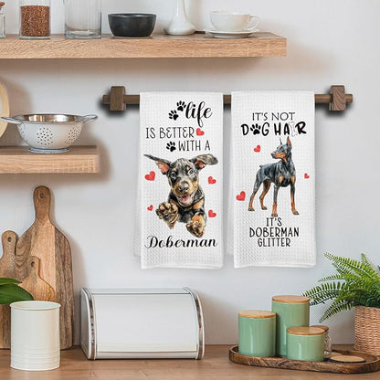 Doberman Gifts Kitchen Towels Set of 2, Funny Dog Hand Towels for Kitchen Bathroom Decor, Life is Better with A Doberman Gifts for Women Dog Lovers Moms Owners Dishcloths Dish Towel 16X24 Inches