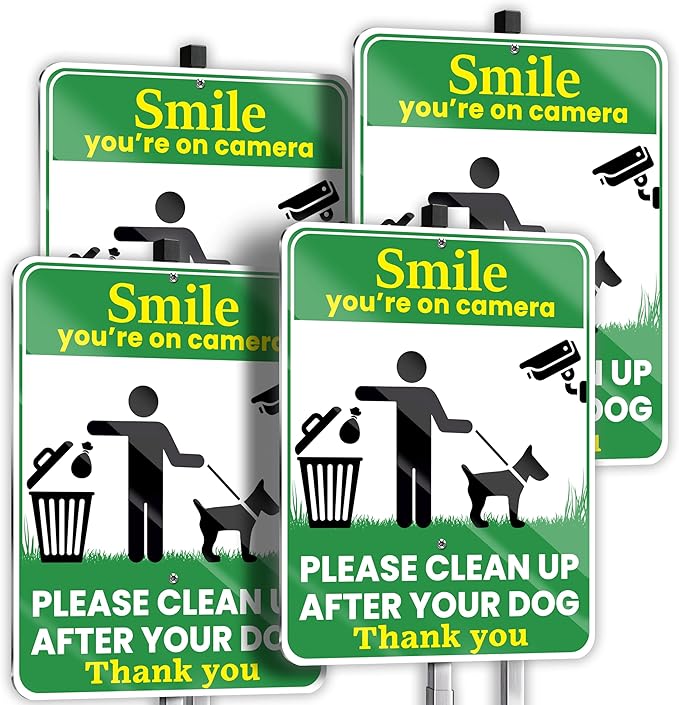 Clean Up After Your Dog Signs, Smile Youre on Camera Signs, 10 x 13 Inch Reflective Aluminum Outdoor Yard Signs with 28 Inch Metal Stake, 4 Pack
