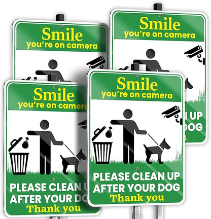 Clean Up After Your Dog Signs, Smile Youre on Camera Signs, 10 x 13 Inch Reflective Aluminum Outdoor Yard Signs with 28 Inch Metal Stake, 4 Pack